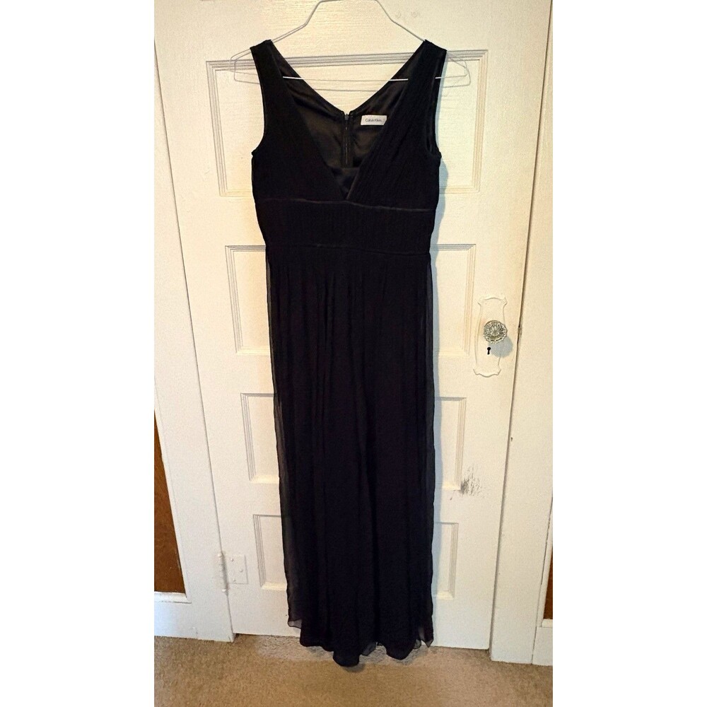 Calvin Klein Black Solid Sleeveless V-Neck Pleated Long Dress Size 8 CD7H1783
